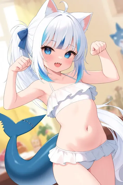 Shark Girl, Blue Shark Tail, Cat Ears, Blue Eye, White Bikini, White Hair, Sexy Pose, Small Girl