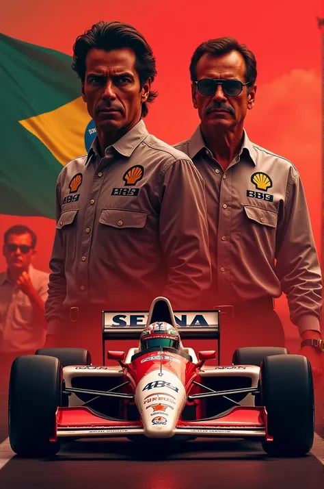 Create an Ayrton Senna wallpaper with Bolsonaro on the side with the F1 background image and the Brazilian flag with a reddish climate