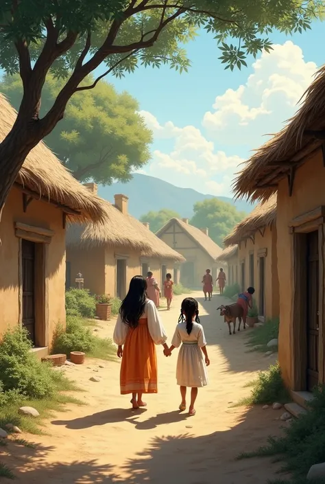 A small village entrance with mud houses and villagers working nearby. The princess, now disguised in a simple but elegant dress, walks alongside the humble village girl."