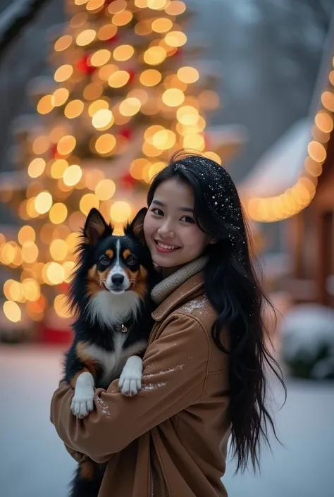  the Christmas tree and illuminations are beautiful　 Asian beauty with long black hair with her pet dog Koikerhondie、Smiling in winter clothes 　Hi-Vision 8k 