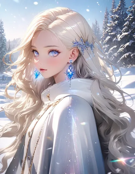 8k,， winter, long coatRealistic Beautiful Skin   ,  Glitter Gemstone Earrings  ,   Sparkling Long Golden Hair ,   beautiful eyes,model,   whole body ,,,HD,8k,Anime, 1 girl,   long white hair,White hair