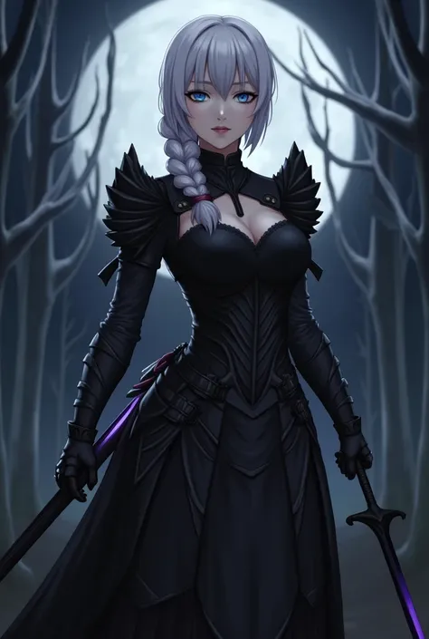 saber_alter,  dark weapon, dark armored dress, dark sword, holding dark weapon, dark gauntlets, holding dark sword, hair between eyes, black dress, breastplate, large breast, black armor, bangs, french braid, parted lips, puffy sleeves, dark aura, sword wi...