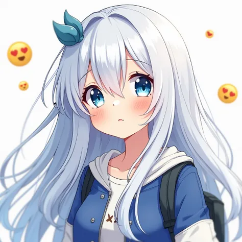  Create an image in Japanese animation style,Condition : White Long Hair 、blue eyes、 girl、Blue and white jacket without zipper,Emoticons,side backpack,avatar