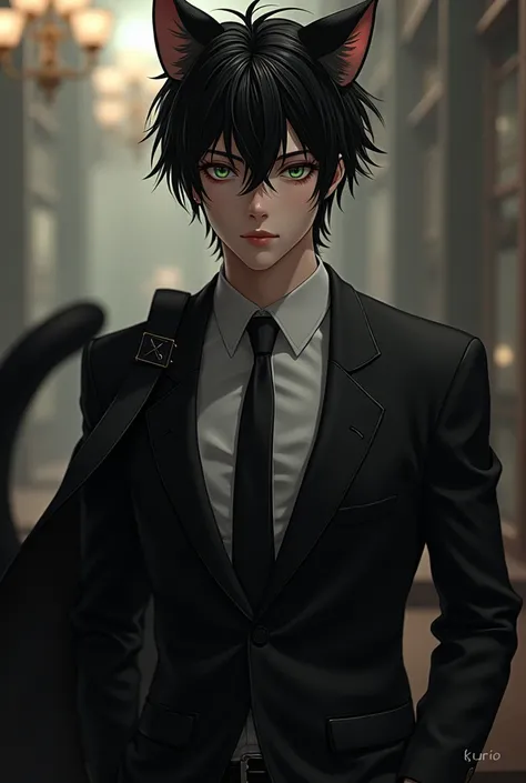 ((Im Kuro. wear a black suit. a 22 guy with black hair and cat pupils, green eyes, fluffy cat ears and tail(my erogenous zone), and smart. and yes, handsome))