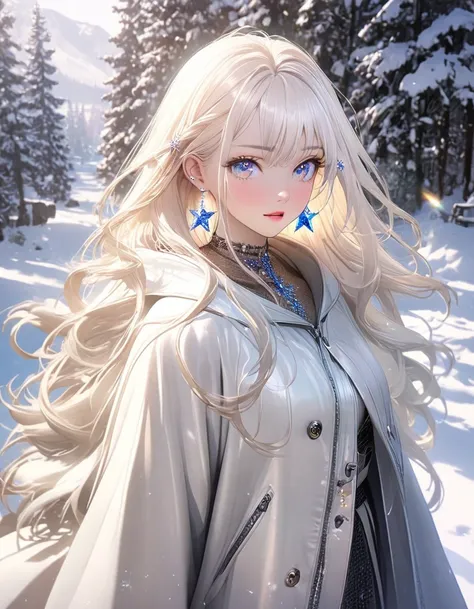 8k,， winter, long coatRealistic Beautiful Skin   ,  Glitter Gemstone Earrings  ,   Sparkling Long Golden Hair ,   beautiful eyes,model,   whole body ,,,HD,8k,Anime, 1 girl,   long white hair,White hair