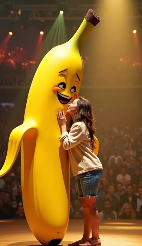 in a america got talent show stage. A woman stands before a giant, cheerful banana, its bright yellow color inviting her closer. She leans in and kisses the banana, sharing her joy and magic.