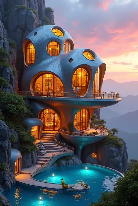 "A whimsical futuristic mansion with architecture inspired by the playful design of the Minions, featuring intricate metallic patterns resembling their iconic goggles, overalls, and cheerful expressions. Bright yellow and blue lights illuminate the structu...