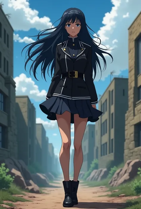 Screenshot from MY HERO ACADEMIA of a 
(Women) WITH ( semi-brown skin tone  , black eyes color,
 long hair , megry hair color ) The landscape is 
(una batalla WITH escoypor todos lados y un caos al fondo ). (She) Hes wearing a (traje de chaqueta negra WITH...