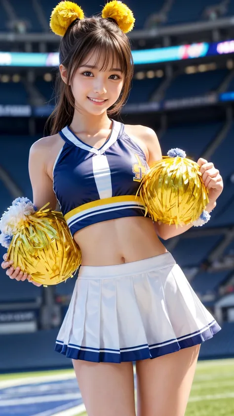 Product quality,1 girl,Cheerleader,Cowboy Shot,Young and cute Japanese,20-year-old,((Stadium Background:1.2)),(Holding big pom-poms in both hands:1.5),smile, cheer leading,Cheerleaderuniform,Ultra Short Short Pleated Mini Skirt,Very cute face,Baby Face,Glo...