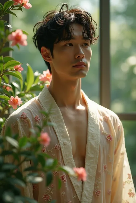 In a lush indoor garden、A Japanese man wearing a floral sheer top、A close-up of her breasts and soft flowers in the background、Creating harmony between nature and beauty。