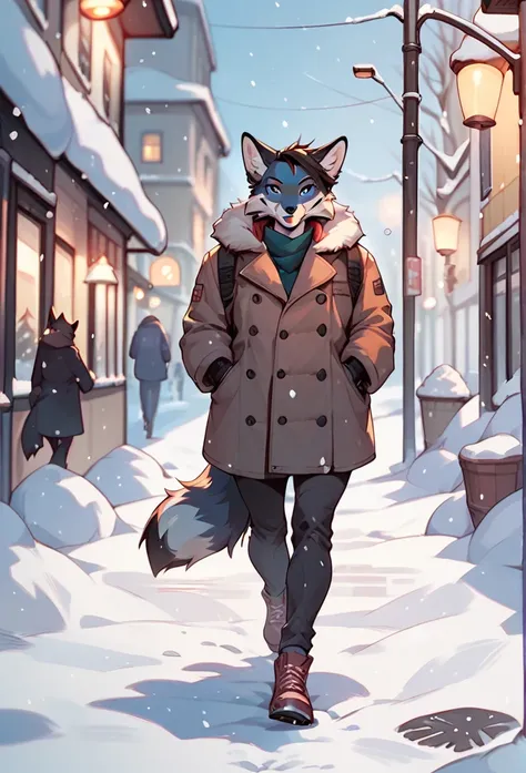 Female, anthropomorphic, fox, black body, snow, coat, alone, walking, footprints in snow, nighttime, city, solo, 1girl, looking at viewer, on way home