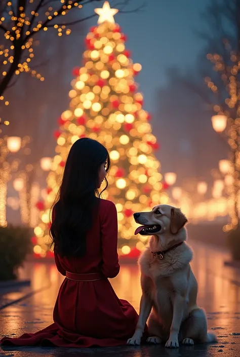  the Christmas tree and illuminations are beautiful　A beautiful Asian woman with long black hair with her dog 　 is looking at me with a smile
Dogs have tongues sticking out。Hi-Vision 8k 