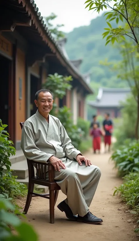 "Ancient Chinese setting with a modestly affluent traditional Chinese house surrounded by lush greenery. A 30-year-old man in neat and simple traditional Chinese attire sits warmly smiling on a wooden chair in front of the house. In the background, village...