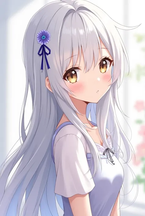 2D teenage character Hikari Yumehara has long, silvery hair that shines softly in the light,  with a flowing cut and longer locks on the sides .  Her eyes are golden and express calm and serenity . She wears simple and elegant clothes ,  with soft tones su...