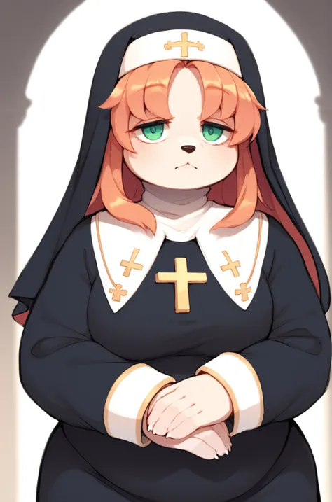 female Saint Bernard , pure nun , chubby , long clothes , Kneel and pray , hide eyes by hair