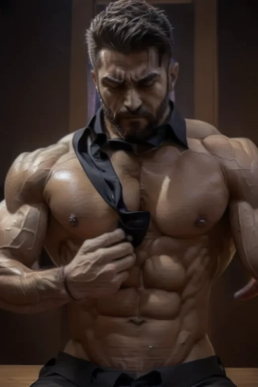 teacher is hugging man, 35 years old muscular teacher goes wild, (suit shirt and tie:1.5),put his hands together and pray、he  worshipps demon、(evil power:1.5), muscular wearwolf roar, handsome prince of persia, hatred、demon gives power to him,, ritual, tes...