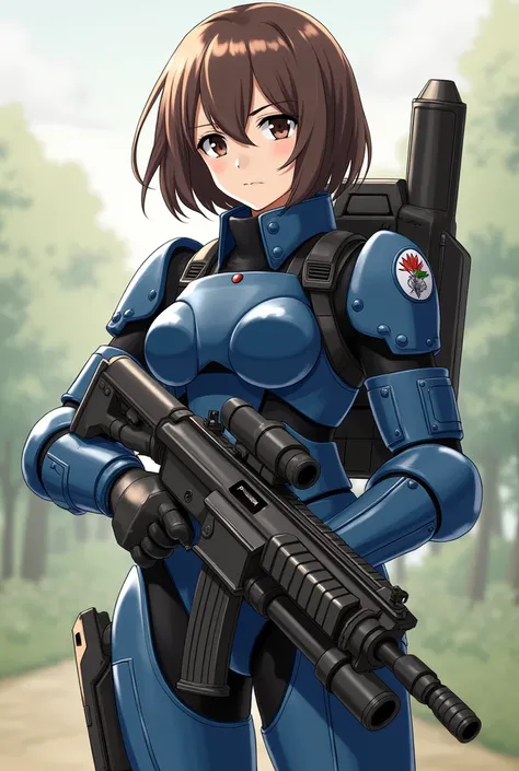 (high resolution), (ultra detailed), [colorful], (depth of field), (perfect face), detailed costume, full body rich in details and textures, 1 adult girl, short brown hair, black eyes, light skin, blue reinforced military soldier suit, brown boots, holding...