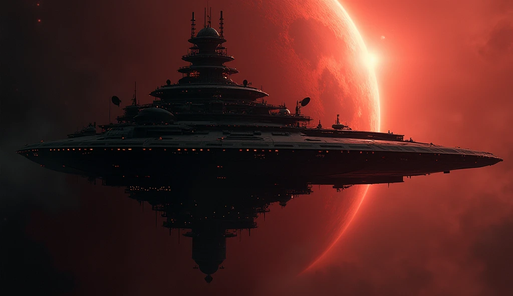  In the dark and infinite space ,  in the dark and terrifying universe, a mega-modular black space station with a very high technology R style.h. Giger with antennas and parabolas , monumental and ultramodern , The station is orbiting a terrifying red plan...