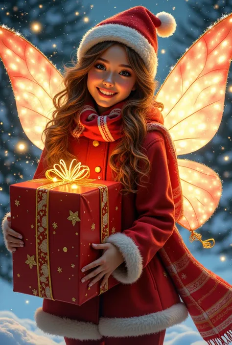 Format: A mid-shot illustration
Subject: A cheerful gift-bearing fairy
Detail: With a large glowing package wrapped in red and gold, wearing a detailed candy-cane-striped scarf
Style: Realistic festive fantasy
Parameters: --ar9:16