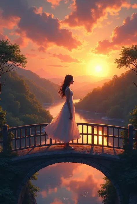 A girl standing on bridge in evening watching sun dawn
