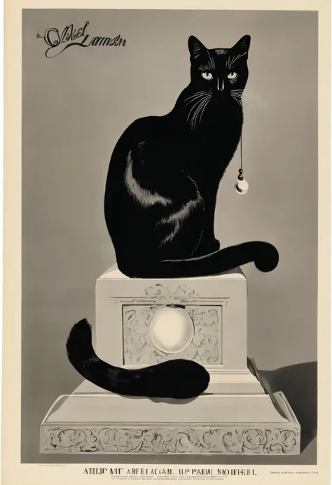 score_9, score_8_up, score_7_up, score_6_up, score_5_up, score_4_up, hires, vector art, arafed black cat sitting on a pedestal with a pearl necklace, elegant cat, 1920s advert, 1960s advertisement, luxury advertisement, magazine advertisement, 1960s perfum...