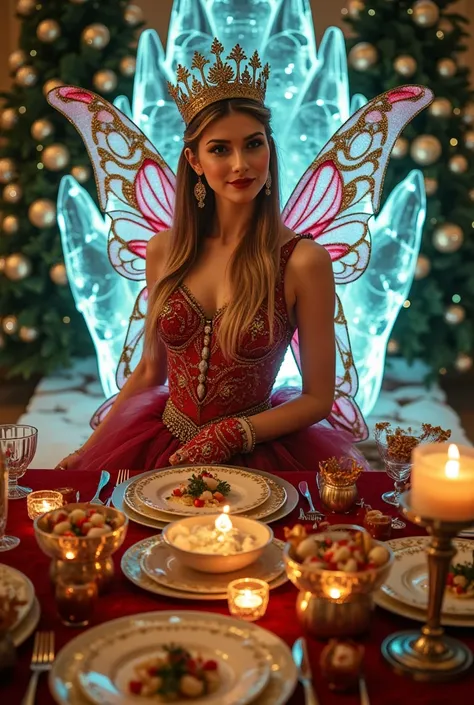 Format: A high-angle view
Subject: A radiant fairy queen at a Christmas feast
Detail: Sitting on an icy throne surrounded by golden plates and festive decorations, her dress sparkling with ruby and emerald tones
Style: Photorealistic with intricate holiday...