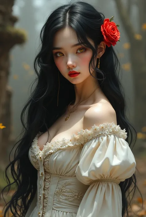  Beautiful girl from the Victorian era with an athletic body ,  wearing a beautiful white dress which helps highlight her figure ,  has long black hair and wears a red flower in her hair, Adult girl, bright yellow eyes , approaching the spectator in a hope...