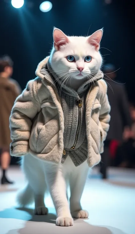  An elegant white cat walks on the fashion show stage with blue eyes .  The cat wears multiple luxury costumes inspired by famous brands ,  like a Chanel-style tweed jacket ,  Balenciaga hoodie ,  Louis Vuitton fur coat ,  Burberry trench coat .  The stage...