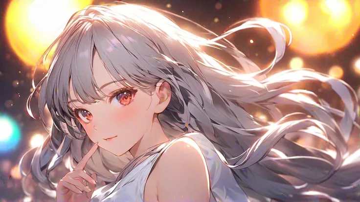 (masterpiece,  top quality ), Extremely detailed CG Unity 8k , Wide angle,whole body,Anime-style illustrations、 Draw a character with long gray hair 。 The character is wearing a white sleeveless top 、両手で前方をrefer toしています。 The background has a colorful bokeh...