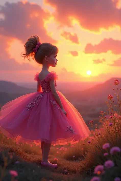 A girl wearing Barbie dress watching dawn