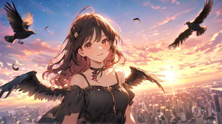 (masterpiece,  top quality ), Extremely detailed CG Unity 8k , Wide angle,whole body,Anime-style illustrations、 A character with black wings is standing on a cliff at sunset、 beautiful anime-style illustrations 。 character is wearing a black dress 、 is blo...