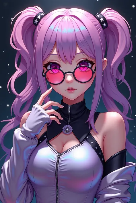 Young woman (ethnicity:1.0), (age:1.1), (detailed clothing:1.2), (accessories:1.2), (detailed facial features:1.3), (expression:1.1), (body type:1.1), (pose:1.1),  with vibrant iridescent hair in pastel pink and purple.  (hair style:1.1),  Double pigtails,...