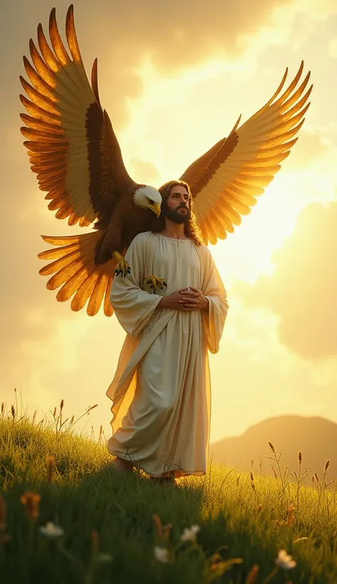 Jesus in white holding a big golden eagle. The golden eagle has a broken wing, its wings are bandaged. The beautiful green grass hill. The light radiating from the body of Jesus