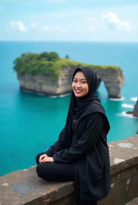 
pengen nanya ke Koes Plus, gimana caranya biar Hati 

Professional photography of a beautiful Asian woman with hijab,she is smiling at camera 
, she is wearing a black jaket , flatshoes , sitting on a rock wall, in the background shows the stunning Tanah ...