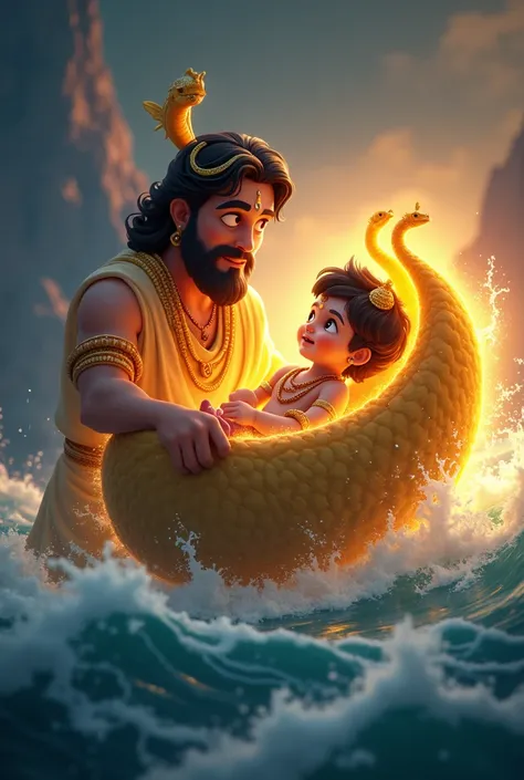 In cinematic 3D cartoon style "Illustration of baby Krishna in a divine golden cradle, surrounded by a glowing aura. Vasudeva is shown carrying Krishna across the stormy Yamuna River with high waves, illuminated by divine serpents with multiple heads creat...