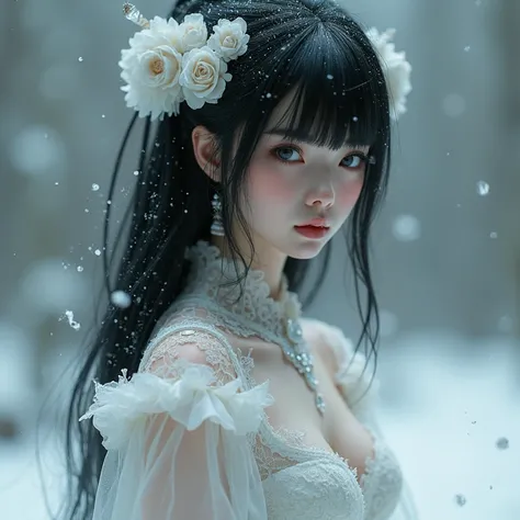 Black Hair, White women, White Eyes,  white lace dress , (( top quality )), ((masterpiece)), (  Details),  cyberpunk, Mecha, ((  Japanese Girl)),  surreal, Art Nouveau, Im using ,  animated inspirations, Mysterious,  Big Breasts ,  clevis on a stone,  unre...