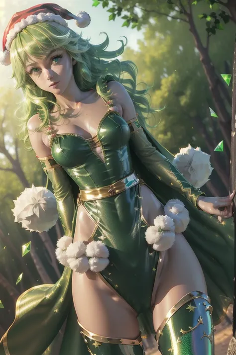 1girl,solo,(cowboy shot:1.2),standard height,standing,(green hair:1.4),long hair, flipped hair,bangs,(hair ornament:1.4),(green eyes:1.3),(beautiful fingers:1.6),(perfect anatomy:1.6),(arms_behind_back:1.6),BREAK,(green santa cape:1.6),(green santa costume...