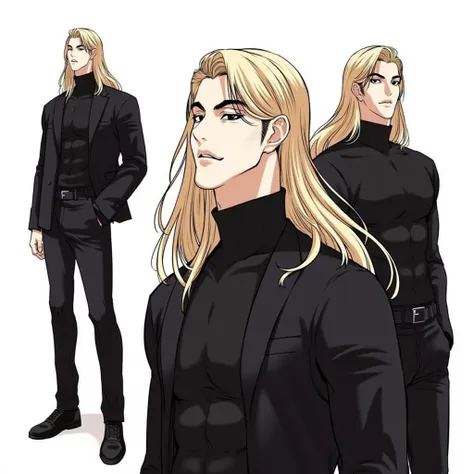 A panel from Lookism Manhwa: Tall male athletic figure with long straight black hair, sharp angular facial features, Elegant tall male figure, flowing golden wavy hair past shoulders, black turtleneck, slim fit dark clothing, bishonen style, confident rela...