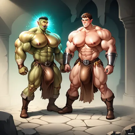 best quality, masterpiece, extremely detailed, detailed background, many men stand in a crystal cavern lit by glowing crystals, a male adventurer transforming into a dumb hyper muscular orc warrior via an Orc ritual corrupting his body and mind, rugged win...