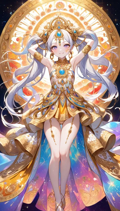 anime, female, Two twins   ,  pale skin   ,  ethereal gold  , Spiritual world,   shiny glitter eyes   ,  vivid colors  ,divine,   goddess of humanity   ,,astral dress,   extremely detailed  ,makeup,   inscriptions on body   , kingdom of God,heavenly colors...