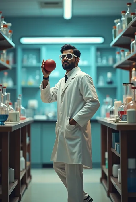 Ravichandran Ashwin in scientist dress doing off spin bowling 