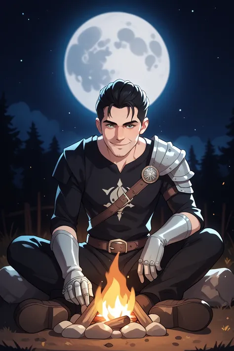 Japanese, Anime , a 20 year old man in a Renaissance leather black shirt with metal shoulder addition, black trousers , metal steel glow gloves sitting by a campfire, with a full moon in the background, sitting alone and depressed with a smile, black - hai...