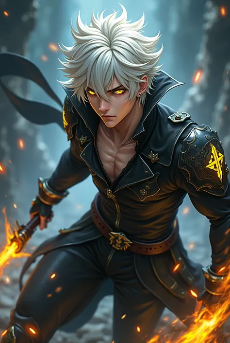 anime boy, Something, muscle,  boy,  white hair that reached up to her shoulders, yellow highlights ,  demon hunter uniform,  yellow eyes  