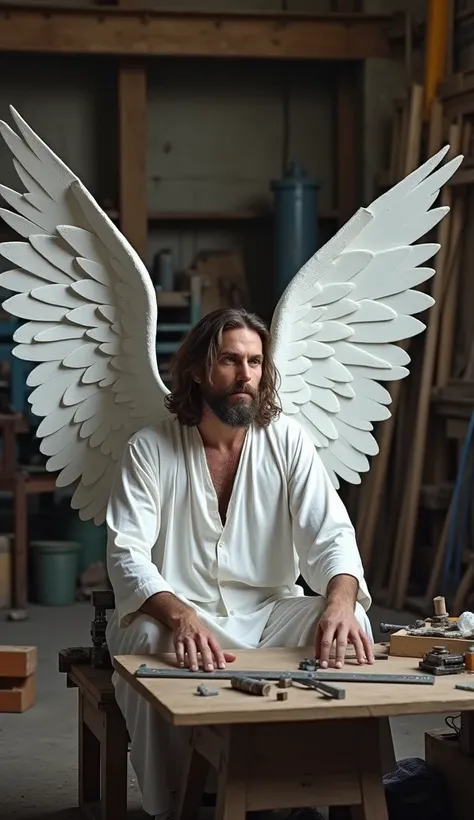 jesus in white sitting making metal wings, in modern mechanical workshop