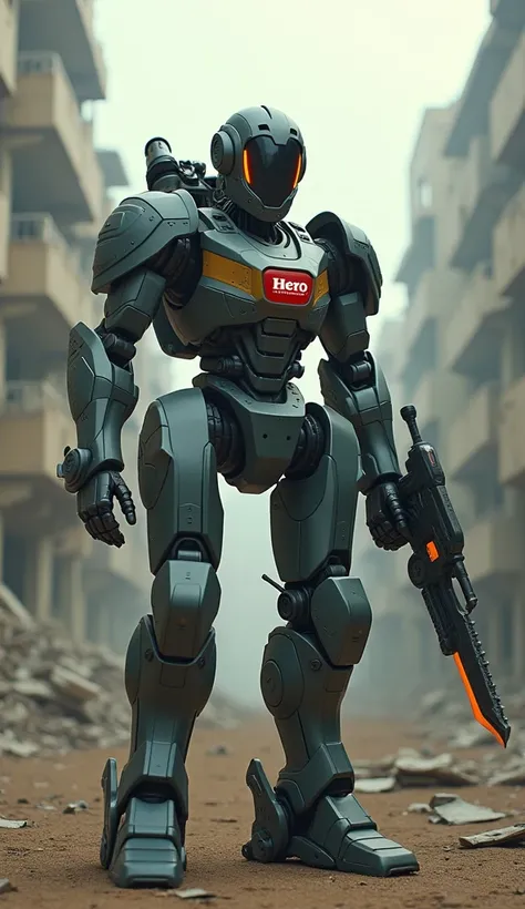 {
  "prompt": "A war robot with a helmet on its head, featuring the Hero Indian bike company logo on its chest. The robot is equipped with a futuristic laser sword shard and multiple advanced futuristic weapons, giving it a dangerous and intimidating appea...