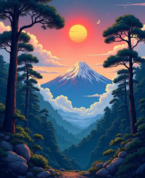 Intricate painting of a Japanese forest in great detail, By scope Murata Works, Galaxy in the background, Clouds, bright colours, high contrast, Mountain, Vector line art, Orange highlights, Pisifs trend, Anime concept art, stick, matte, High best quality,...