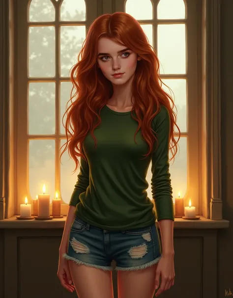 A pretty short young teenage girl with very long curly and wavy auburn hair. He is wearing a green long-sleeved T-shirt, ripped denim shorts and ripped denim shorts. stands and poses. In the background, red windows illuminated with tiny candle lights.