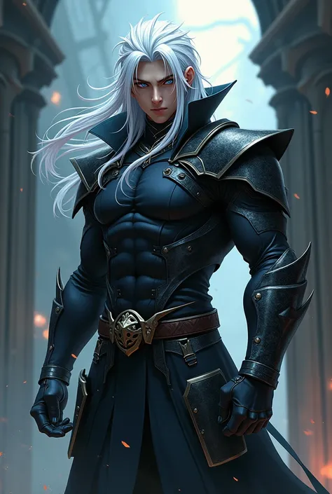 anime boy, high, muscular, robust,  boy,  white hair that reached below his shoulders, a demon hunter uniform  