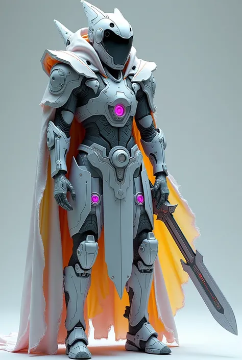 Future spell caster, mega tech legend exoskeleton ice armor and wide claw broadsword schematic, intricate super detail, grey, magenta and yellow color grading, epic pose. undefined,  headgear, darkness aura. 