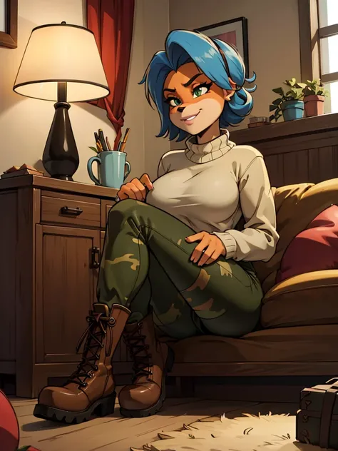 (best quality,4k,8k,highres,masterpiece:1.2),ultra-detailed,realistic:1.37,portrait, anthro bandicoot  short bluehair, beautiful green eyes, seductive, warm black sweater, camouflage pants, army boots, smirking, cozy lighting,grinning, Cosy lighting, brigh...